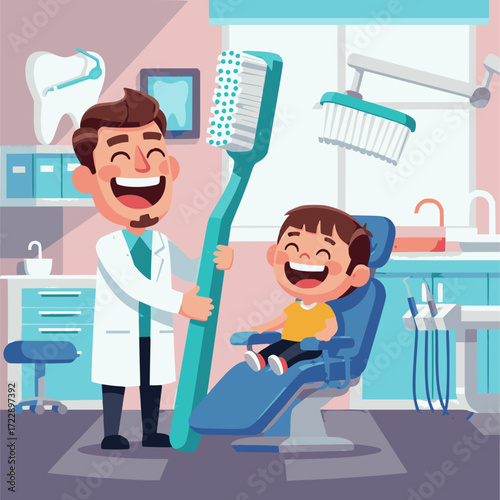Happy Dentist and Child with Giant Toothbrush Promoting Oral Hygiene