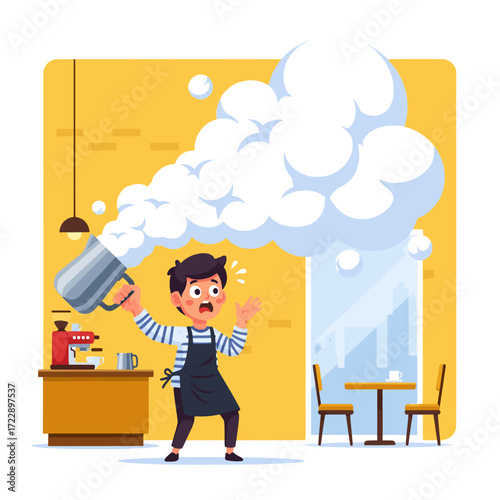 Barista's Mishap A Comical Coffee Machine Explosion Creates a Cloud of Steam, Startling the Server