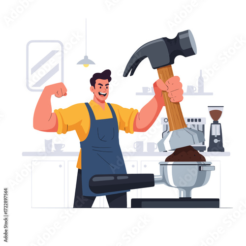 Barista with a hammer creatively preparing coffee by smashing beans in a portafilter