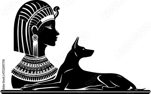 Egyptian queen silhouette with dog in black and white design  