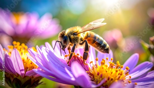 Bee on a flower in bright sunlight
