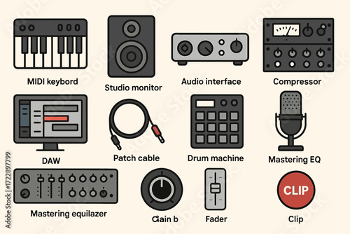 Music production equipment icons: midi keyboard, studio monitor, audio interface, drum machine