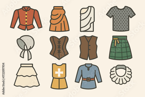 Collection of historical clothing icons showcasing diverse fashion styles