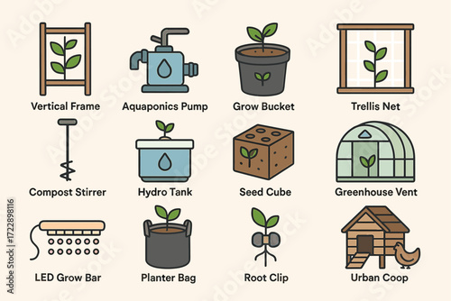 Urban garden tools: vertical frame, aquaponics pump, grow bucket, and more for modern gardening