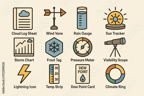 Weather instruments icons cloud wind rain sun storm frost lightning gauge
