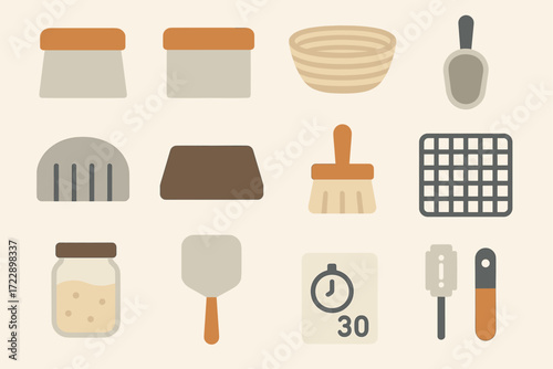 Minimalist baking icons: tools and ingredients for homemade bread and pastries