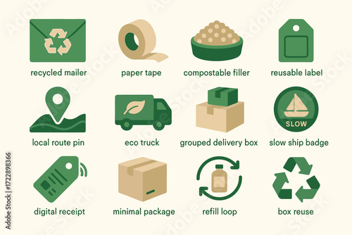 Eco-friendly packaging icons: recycled mailer, compostable filler, slow ship badge