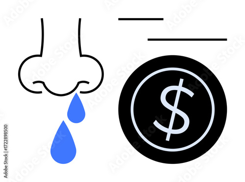 Nose releasing blue drops next to a black coin with a dollar sign. Ideal for health costs, illness, healthcare expenses, financial strain, medical insurance, health awareness, simple flat metaphor