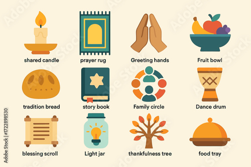 Icons of spirituality and community: candle, rug, hands, bread, book, circle, drum, scroll, jar, tree, bowl, tray
