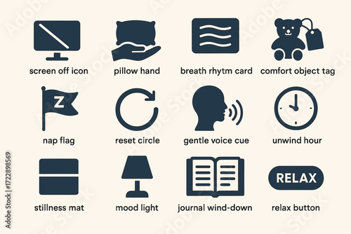Sleep aid tools and symbols for relaxation and restful sleep