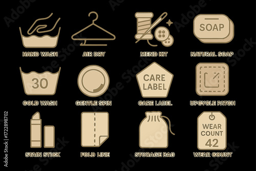 Clothing care icons: hand wash, air dry, mend kit, natural soap, cold wash
