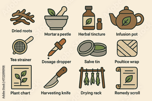 Herbal preparation tools: mortar, teapot, tinctures, and more for natural remedies