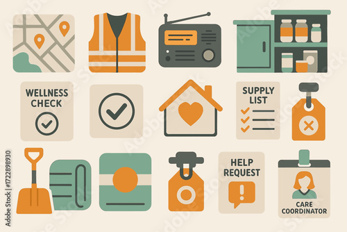 Community support symbols: wellness check, supply list, and care coordination icons