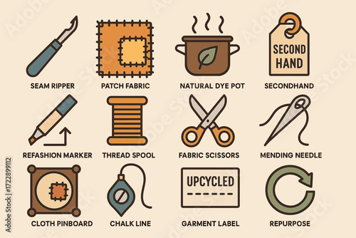 Sewing and repair icons: tools for fabric crafting and upcycling