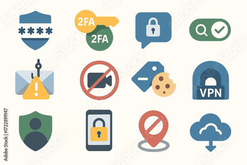 Cybersecurity icons: password, 2fa, lock, phishing alert, vpn, cloud download, privacy tools