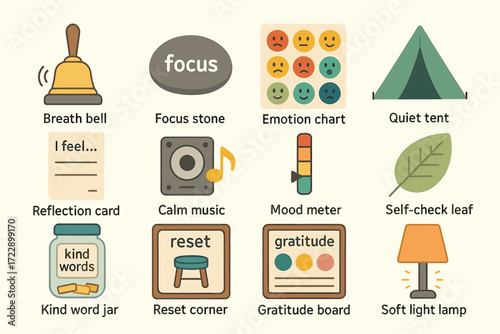 Calm classroom tools: bell, focus, emojis, tent, reflection, calm, mood meter, leaf, kind words, reset, gratitude, lamp