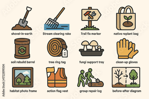 Environmental conservation tools and icons for habitat restoration projects