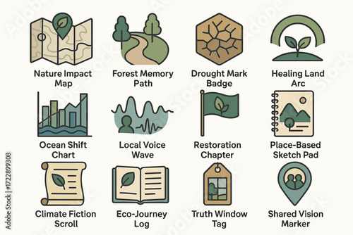 Environmental symbols set illustrating nature, conservation, and sustainability themes