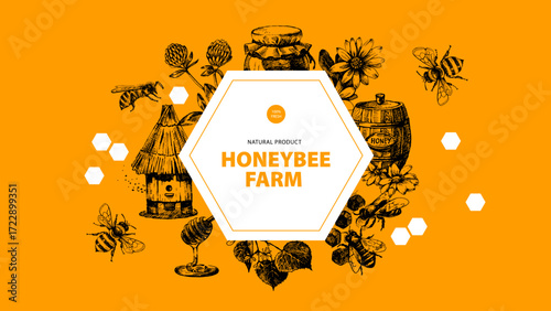 Hand drawn vintage honey banner. Hand drawn vector illustration. Packaging design