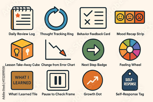 Icons for daily review, emotional feedback, and learning tools