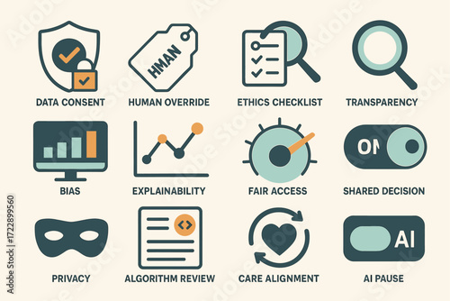 Icons depicting ai ethics concepts including consent, transparency, bias, and privacy