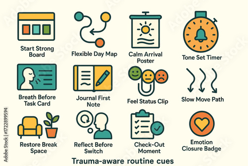 Trauma-aware routine cues for emotional support and self-care in educational environments