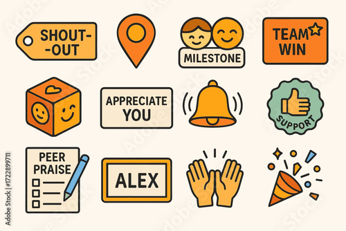 Colorful achievement stickers with motivational icons and encouragement symbols