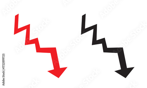 Red and black stock market investment Downward arrow.  Two zigzag downward arrows in red and black, symbolizing decline, decrease, business loss, or negative economic and financial trends.
