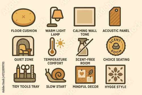 Cozy home icons: floor cushion, quiet zone, mindful decor, acoustic panel, hygge style