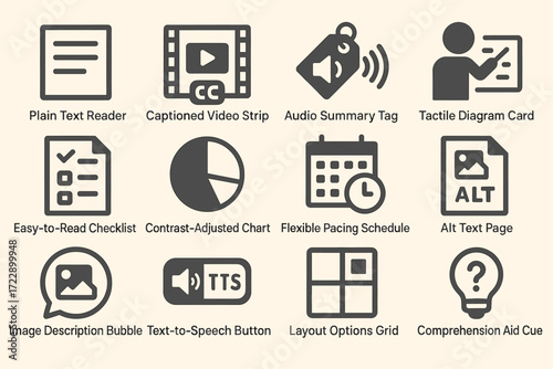 Accessible communication tools icons for text video audio and visual aids