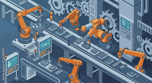 Automated robotic arms working on assembly line in factory production.