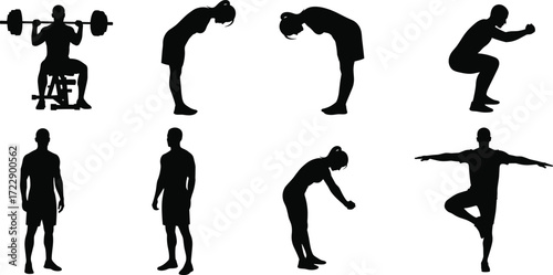 Fitness silhouettes, workout poses, yoga balance, stretching exercises, weightlifting, squatting,