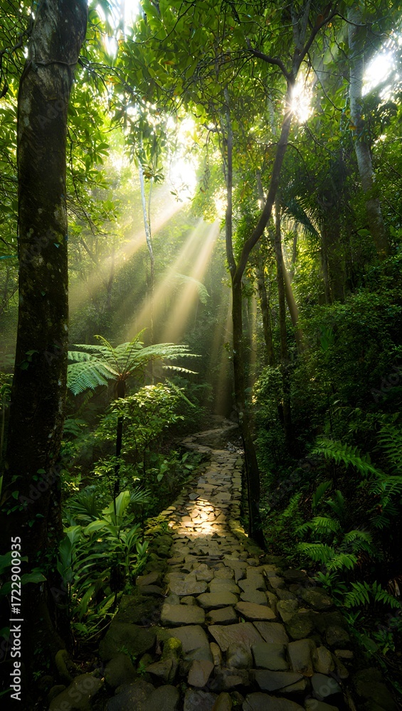 Obraz premium Sunlight streams through the trees illuminating a stone path in a lush green forest scene