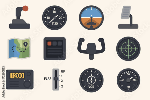 Aviation instruments collection: icons of flight control and navigation