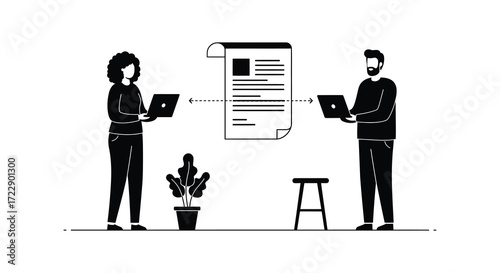 Remote collaboration woman and man working together using laptops and documents