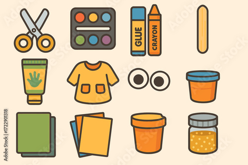 Colorful crafting supplies including scissors crayons glue and paints