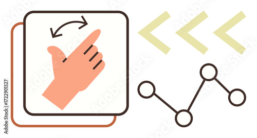 Hand performing swipe motion with arrows suggesting movement, stylized data chart. Ideal for user interface, navigation, technology, analytics, interactivity, innovation communication. Simple flat