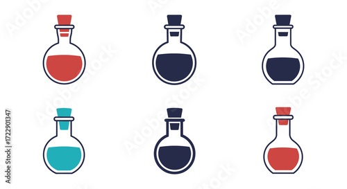 Colorful glass bottles with cork stoppers in a simple flat style