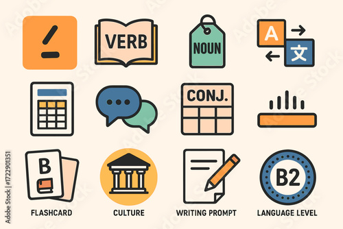 Language learning icons including flashcard, verb, noun, and translation symbols for education