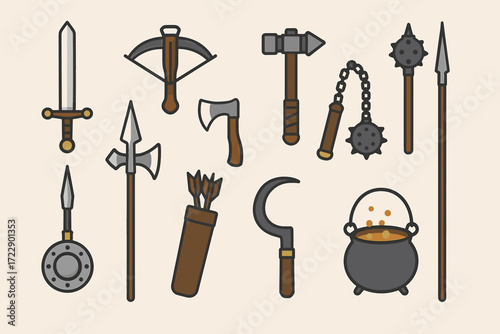 Medieval weapons and tools collection: swords, axes, shields, and more