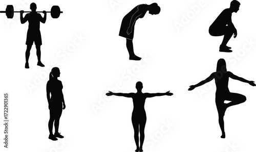 Fitness silhouettes, workout poses, yoga balance, stretching exercises, weightlifting, squatting