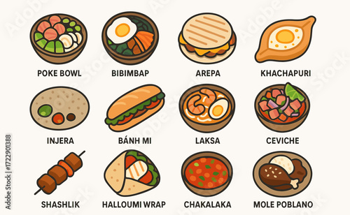 Diverse world cuisine: poke, bibimbap, arepa, laksa, and more