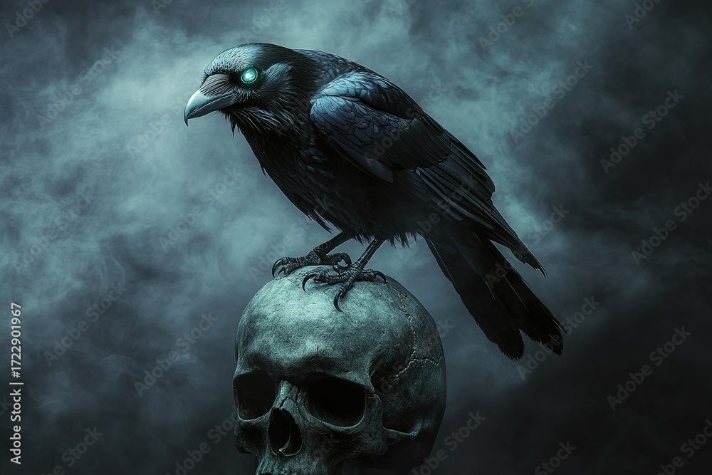 Fototapeta premium A shadowy raven perched on an old skull, eerie glowing eyes, dark misty background, gothic fantasy setting