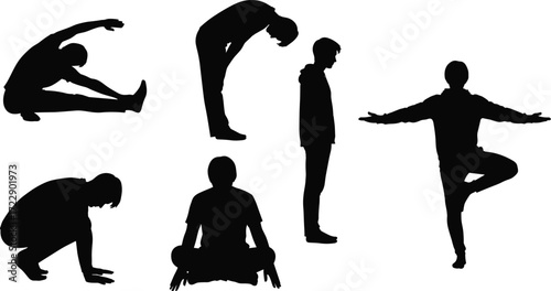 Yoga silhouettes, meditation poses, stretching exercises, fitness activity, healthy lifestyle, relaxation practice, balance posture, seated meditation, tree pose, body wellness, exercise concept
