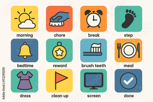 Colorful daily routine icons for kids featuring morning to bedtime activities