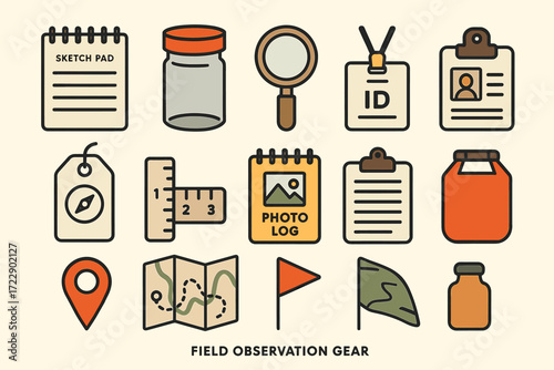 Field observation gear icons: tools for research and exploration