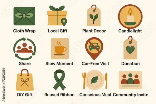 Simple icons representing eco-friendly and community-oriented concepts