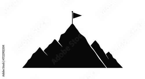 A black silhouette of a mountain peak with a waving flag on top