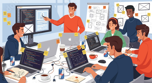 Team of software developers brainstorming project.