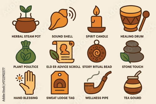Herbal wellness tools and ritual icons for natural healing practices